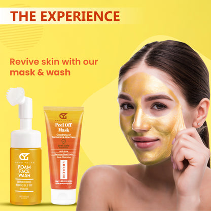 Grow Young Peel Off Mask & Foam Face Wash for Women: Instant Glow, Detoxify & Deep Cleansing, Prevent Acne & Pimples, Unclog Pores enriched with Turmeric & Aloe Vera (Set of 2)